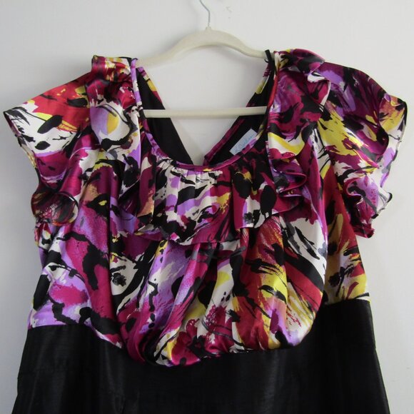 K Jordan Women's Sheath Dress 20W Black Pink Floral Satin Ruffle Business Church - Picture 2 of 11